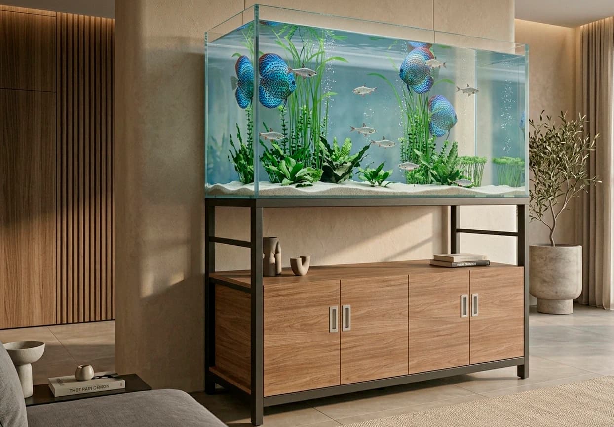Visualización oblicua de mobiliario a medida para acuario integrado en un espacio residencial