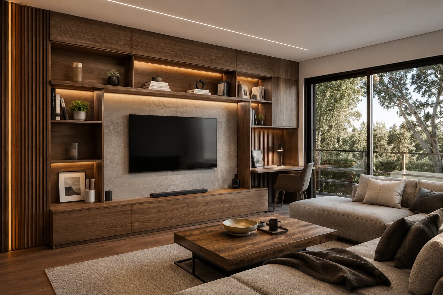 Visualización de una sala con mobiliario integrado de madera
