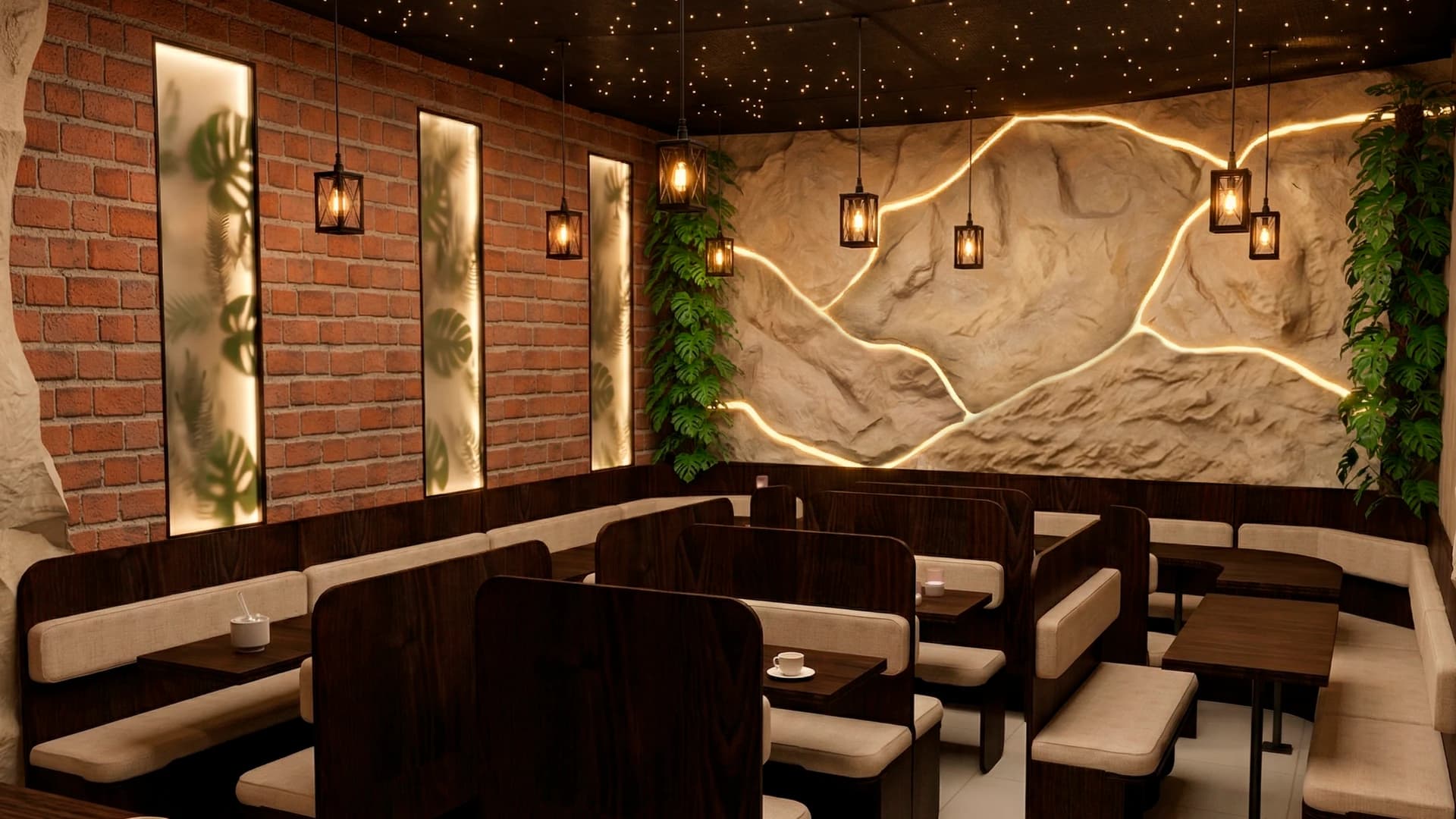 Visualización de un espacio comercial con mobiliario de madera oscura, ladrillo e iluminación cálida