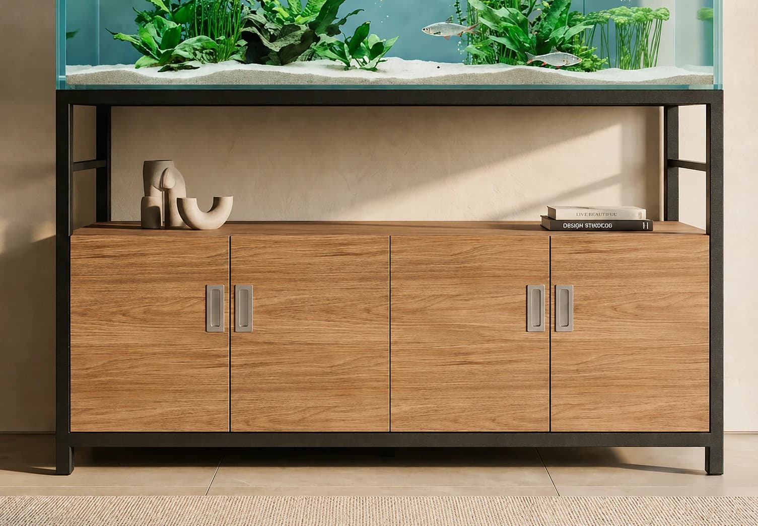 Visualización de un mueble a medida de madera y estructura metálica para acuario