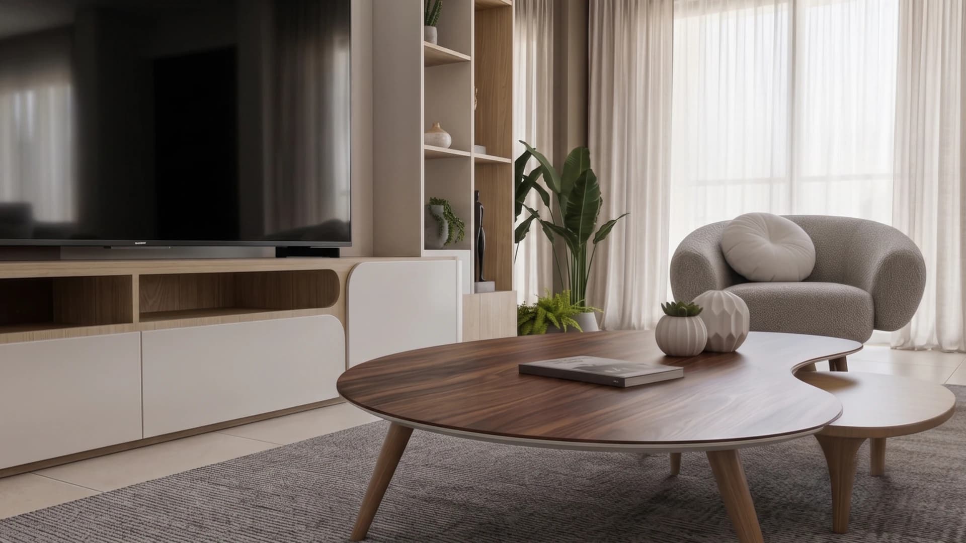 Visualización de una sala residencial con mobiliario integrado, vegetación y acabados claros