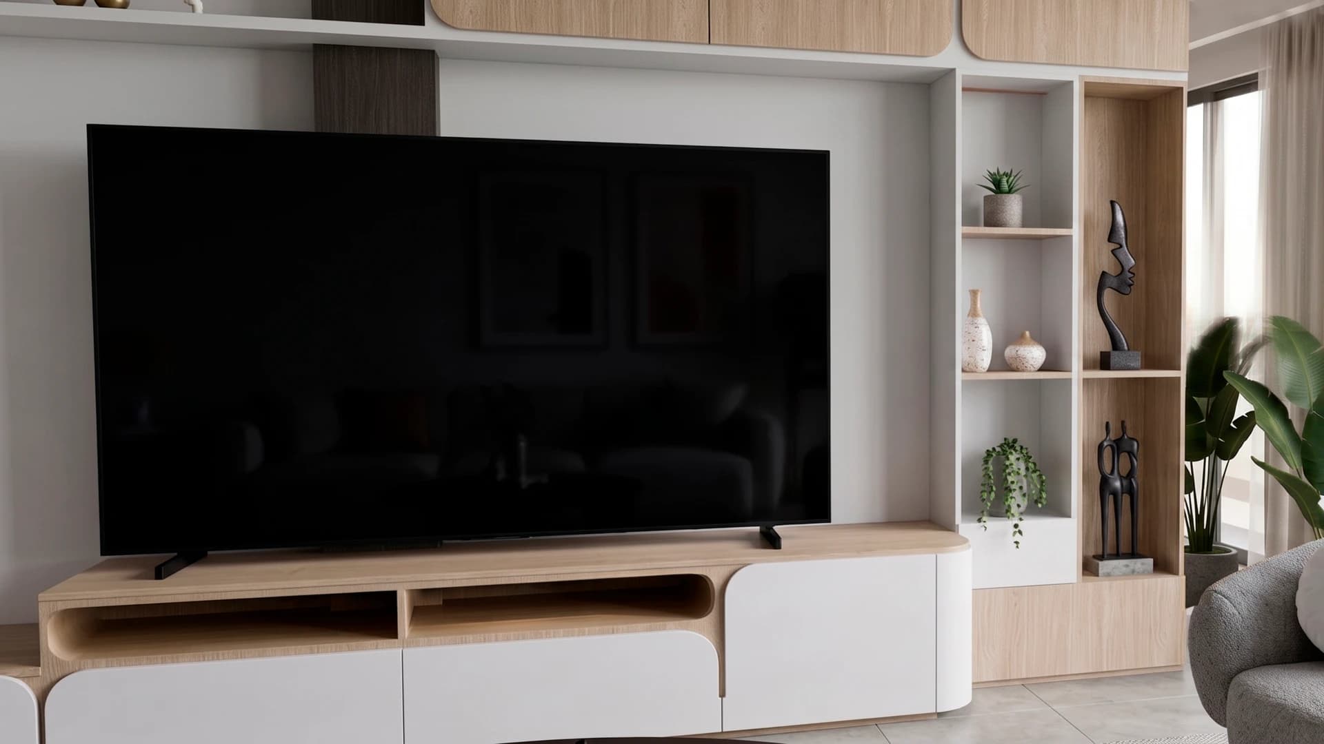 Visualización de detalle del televisor, módulo bajo y estantería derecha de Sala Aranjuez