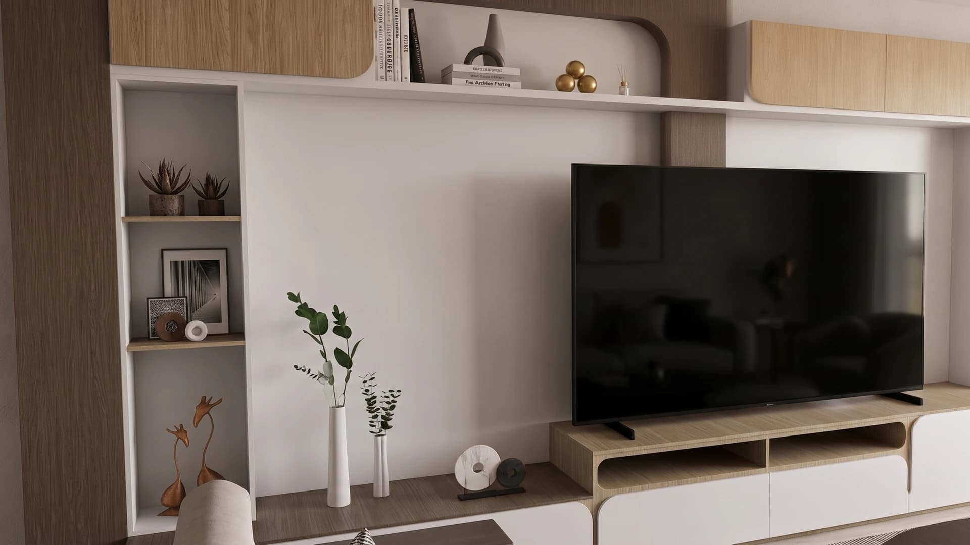 Visualización de detalle del costado izquierdo y nichos superiores del mueble